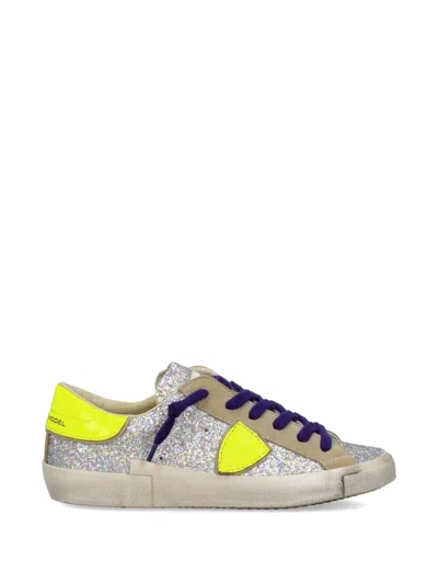 Philippe Model Glitter-effect Leather Sneakers In Silver