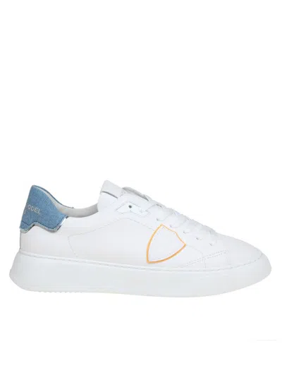 Philippe Model Temple Low Sneakers In White And Light Blue Leather In White/bluette