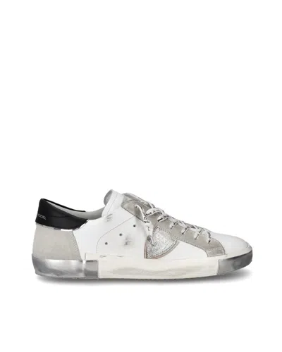 PHILIPPE MODEL MEN'S PRSX LOW SNEAKERS IN WHITE/SILVER