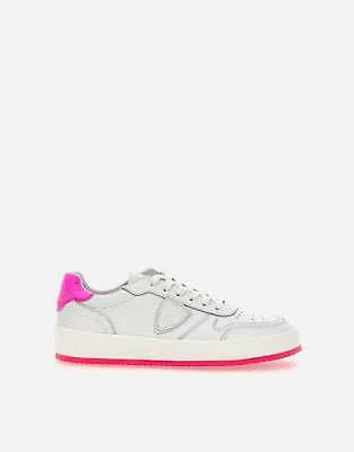 Pre-owned Philippe Model Nice Low Leather Sneakers In White-fuchsia 100% Original