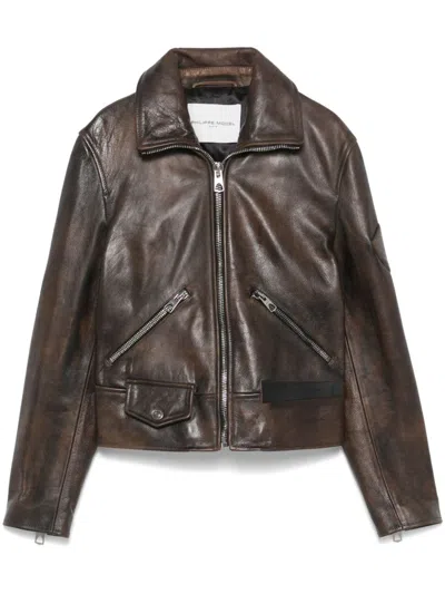 Philippe Model Paris Leather Jacket In Brown