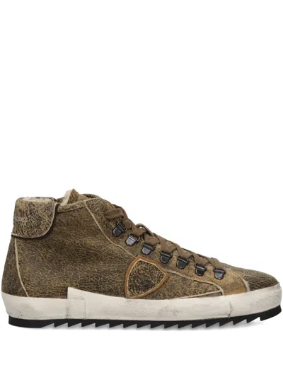 Philippe Model Prsx Distressed Leather High-top Sneakers In Brown