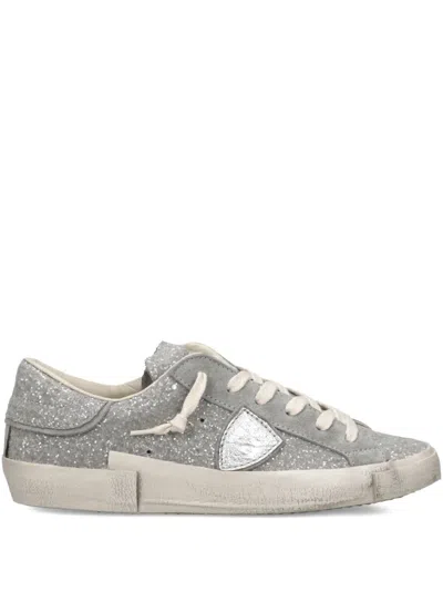 Philippe Model Prsx Glitter Appliqued Low Trainers In Gray