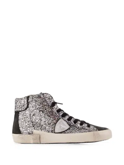 Philippe Model Prsx Glitter-embellished Sneakers In Silver