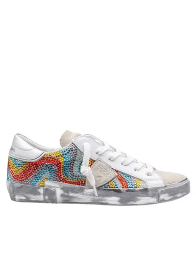 Philippe Model Prsx Low Sneakers In Leather And Suede With Micro Crystals In Multicolor