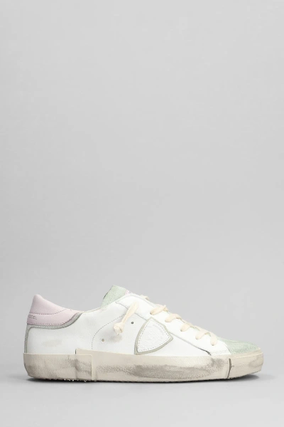 Philippe Model Prsx Low Sneakers In White Suede And Leather In Green