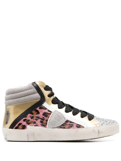Philippe Model High-top 'prsx' Leather Sneakers With Leopard Print In Multicolour