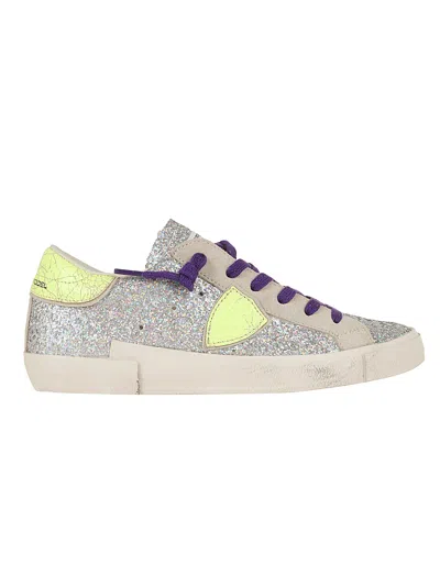 Philippe Model Silver Glitter Low-top Sneakers With Neon Accents In Multi