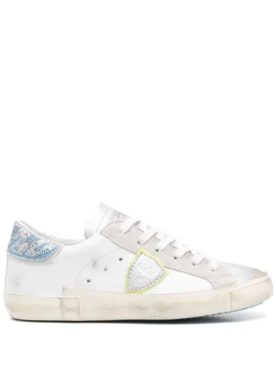 PHILIPPE MODEL PHILIPPE MODEL 'PRSX' SNEAKERS IN WHITE AND LIGHT BLUE LEATHER WITH PAILLETTES