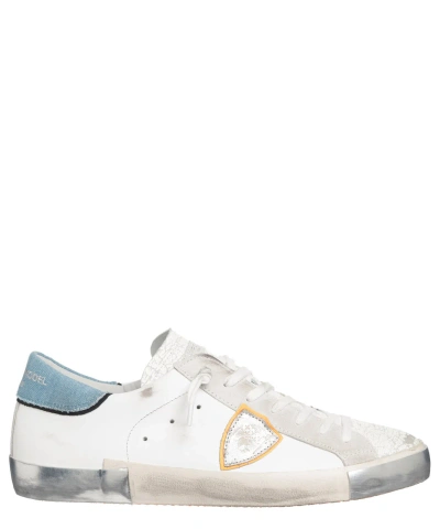 Pre-owned Philippe Model Sneakers Men Prsx Prlu-vcd1 Blanc - Azul Leather Logo Detail In White