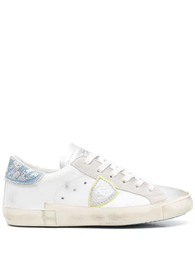 Philippe Model White Leather Sneakers With Textured Blue Accents