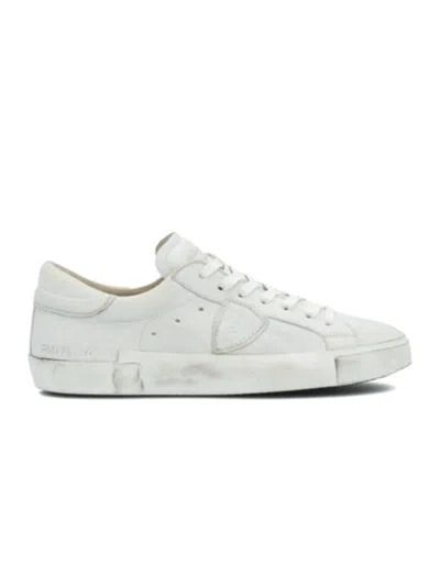 Philippe Model White Low-top Sneakers With Distressed Leather Finish In Multi