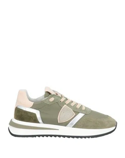 Philippe Model Woman Sneakers Military Green Size 7 Leather, Textile Fibers