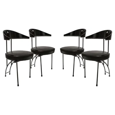 Pre-owned Philippe Starck Memphis Style Lacquered Iron Black Leatherette Four Chairs Set, Italy, 1980