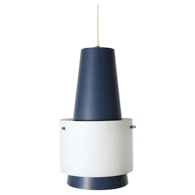Pre-owned Philips 1960s Louis Kalff "nt28 E/00" Pendant Light In Dusty Blue W/ Milk Glass Collar