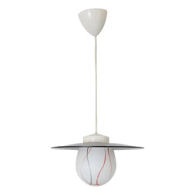 Pre-owned Philips Mid-century  Ceiling Pendant, Printed Milk Glass, Black Enamel Shade