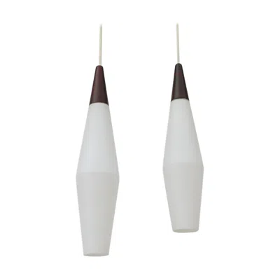 Pre-owned Philips Mid-century  Opaline Milk Glass Pendants With Faux Rosewood Tops In Brown