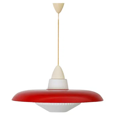Pre-owned Philips Mid-century  Pendant Light, Red Enameled Metal, Ribbed Milk Glass