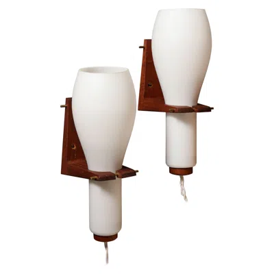 Pre-owned Philips Pair Of Teak Wood And Opaline Wall Lights By  - Netherlands 1960s In Brown