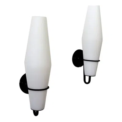 Pre-owned Philips Single  Milk Glass And Black Enameled Metal Wall Sconce