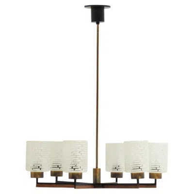 Pre-owned Philips Vintage  6-light Chandelier In Brass, Teak & Black Metal