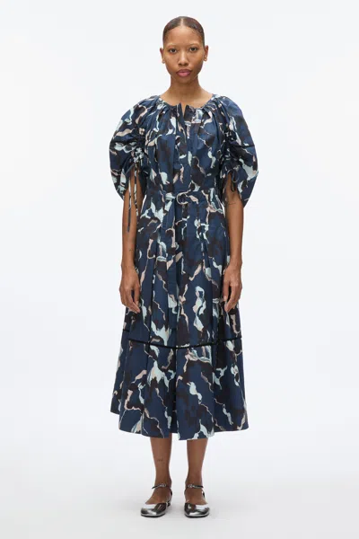3.1 Phillip Lim Abstract Vines Gathered Sleeve Dress In Navy Multi