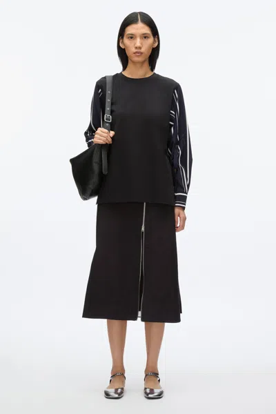 3.1 Phillip Lim Long Sleeve Tee With Stripe Shirting Sleeves In Black-midnight