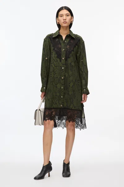 3.1 Phillip Lim Strech Snake Shirt Dress With Lace Inlay In Olive-blk