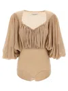 Philosophy Di Lorenzo Serafini Stretch Tulle Bodysuit With Gathered Detailing In Beige