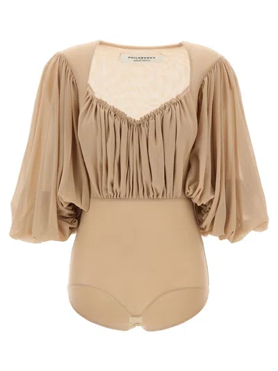 PHILOSOPHY DI LORENZO SERAFINI BEIGE TULLE BODY TOP
