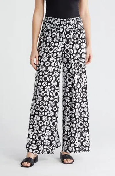 Philosophy By Rpublic Clothing Smocked Waist Wide Leg Pants In Black/white Woodblock