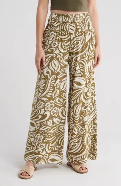 Philosophy By Rpublic Clothing Smocked Wide Leg Pants In Paisley Floral Green/ivory