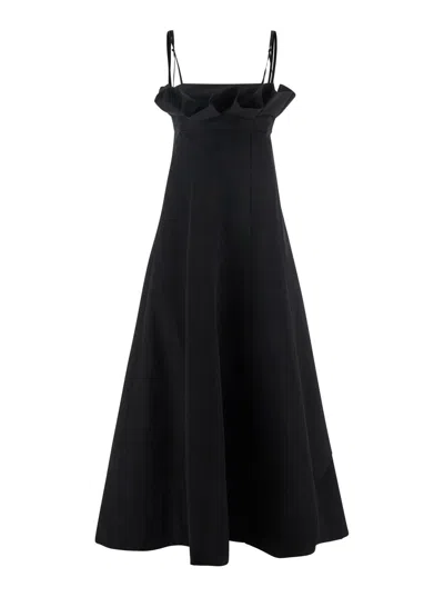 PHILOSOPHY DI LORENZO SERAFINI BLACK DRESS WITH RUFFLES AND THIN SHOULDER STRAPS IN COTTON BLEND AND TECH FABRIC WOMAN
