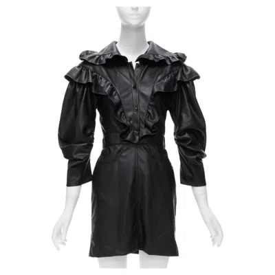 Pre-owned Philosophy Di Lorenzo Serafini Black Faux Leather Victorian Ruffle Dress It38 Xs
