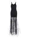 Philosophy Di Lorenzo Serafini Black Long Dress With U-neck And Long Fringes Applied To The Edges In Fabric Woman