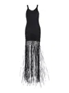 Philosophy Di Lorenzo Serafini Black Long Dress With U-neck And Long Fringes Applied To The Edges In Fabric Woman