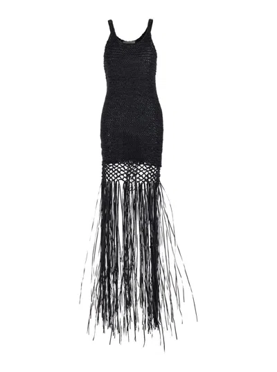 Philosophy Di Lorenzo Serafini Black Long Dress With U-neck And Long Fringes Applied To The Edges In Fabric Woman