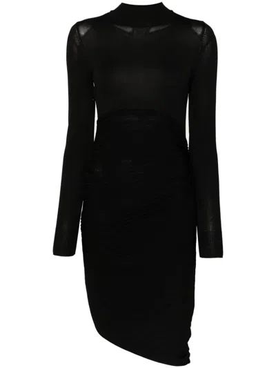 PHILOSOPHY DI LORENZO SERAFINI BLACK PLISSÉ-EFFECT FINE-KNIT DRESS