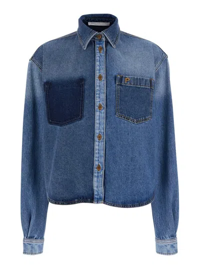 PHILOSOPHY DI LORENZO SERAFINI BLUE SHIRT WITH CLASSIC COLLAR AND LOGO DETAIL ON THE POCKET IN DENIM WOMAN