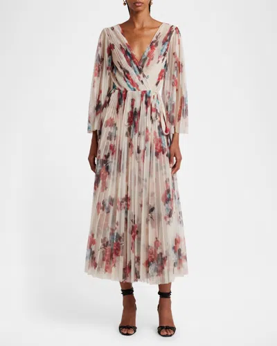 Philosophy Di Lorenzo Serafini Blur Floral-print Pleated Midi Wrap Dress In Beige