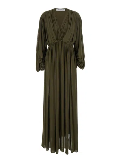 Philosophy Di Lorenzo Serafini Brown Long Dress With V-neck And Ruffle Details In Tech Fabric Woman In Green