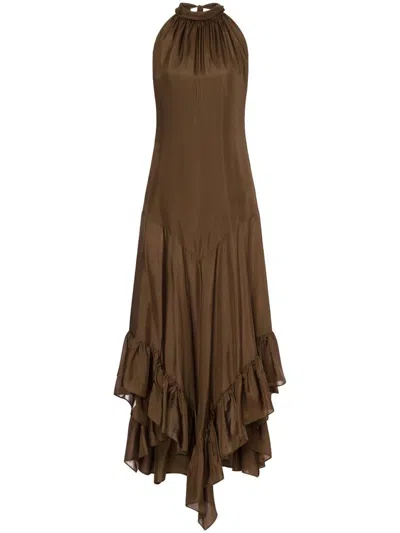PHILOSOPHY DI LORENZO SERAFINI BROWN SILK LONG DRESS WITH RUFFLES