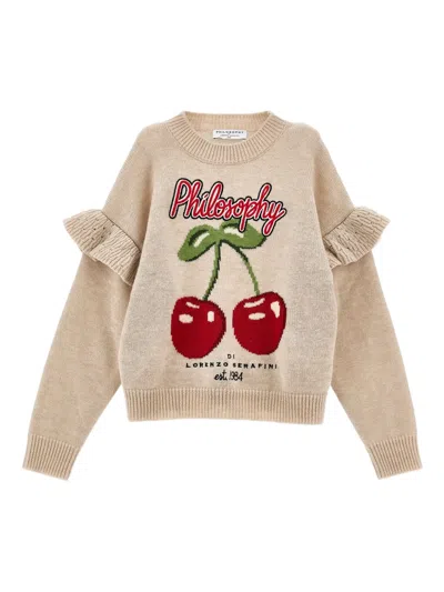 Philosophy Di Lorenzo Serafini Kids' Cherry-motif Ruffled-sleeve Sweater In Neutral