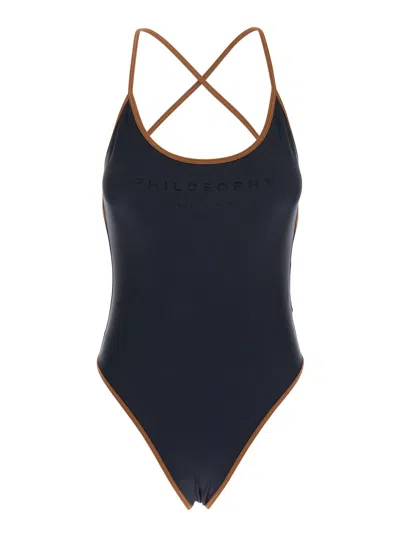 PHILOSOPHY DI LORENZO SERAFINI BLACK COSTUME WITH CROSSED STRAPS AND LETTERING LOGO IN TECH FABRIC WOMAN