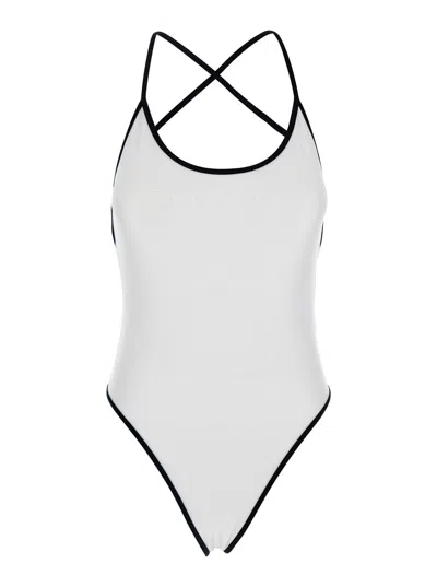 PHILOSOPHY DI LORENZO SERAFINI WHITE COSTUME WITH CROSSED STRAPS AND LETTERING LOGO IN TECH FABRIC WOMAN