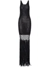 Philosophy Di Lorenzo Serafini Black Long Dress With U-neck And Long Fringes Applied To The Edges In Fabric Woman In Black