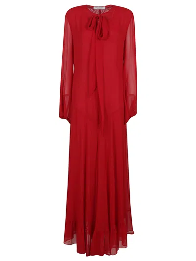 Philosophy Di Lorenzo Serafini Maxi Dress With Sheer Sleeves And Ruffle Hem In Rosso