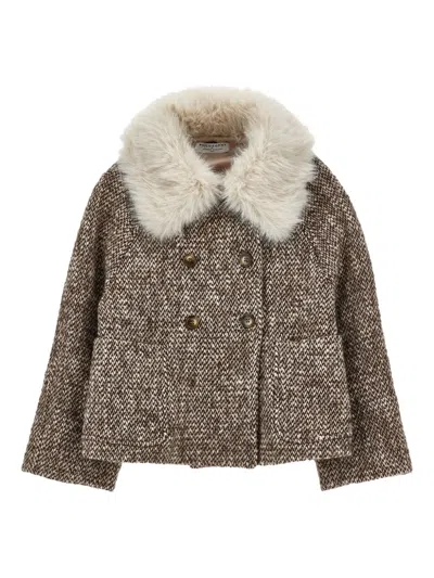 Philosophy Di Lorenzo Serafini Kids' Faux-fur Collar Tweed Coat In Brown
