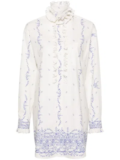 Philosophy Di Lorenzo Serafini Mini Shirt Dress With Ruffled Collar And Long Sleeves In Fantasywhite