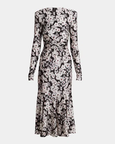 PHILOSOPHY DI LORENZO SERAFINI FLORAL-PRINT STRONG-SHOULDER LONG-SLEEVE MIDI DRESS